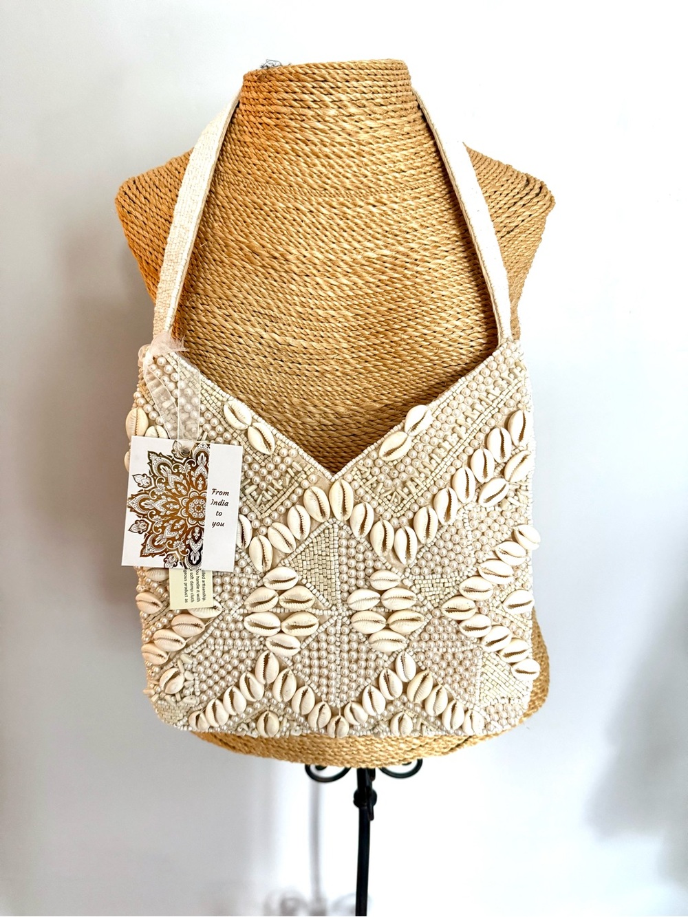 T.J.Maxx Cream Cowrie Shell-Embellished Woven Shoulder Bag